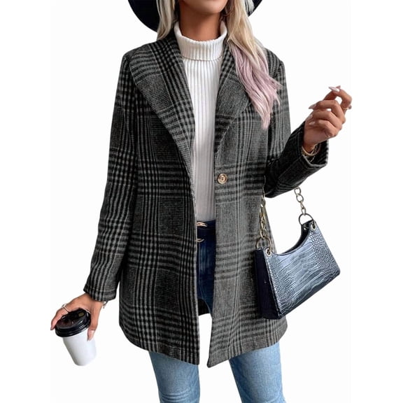 Women's Mid-Length Breasted Wool Blend Coat with Lapel, Winter Outerwear Gray Grid L