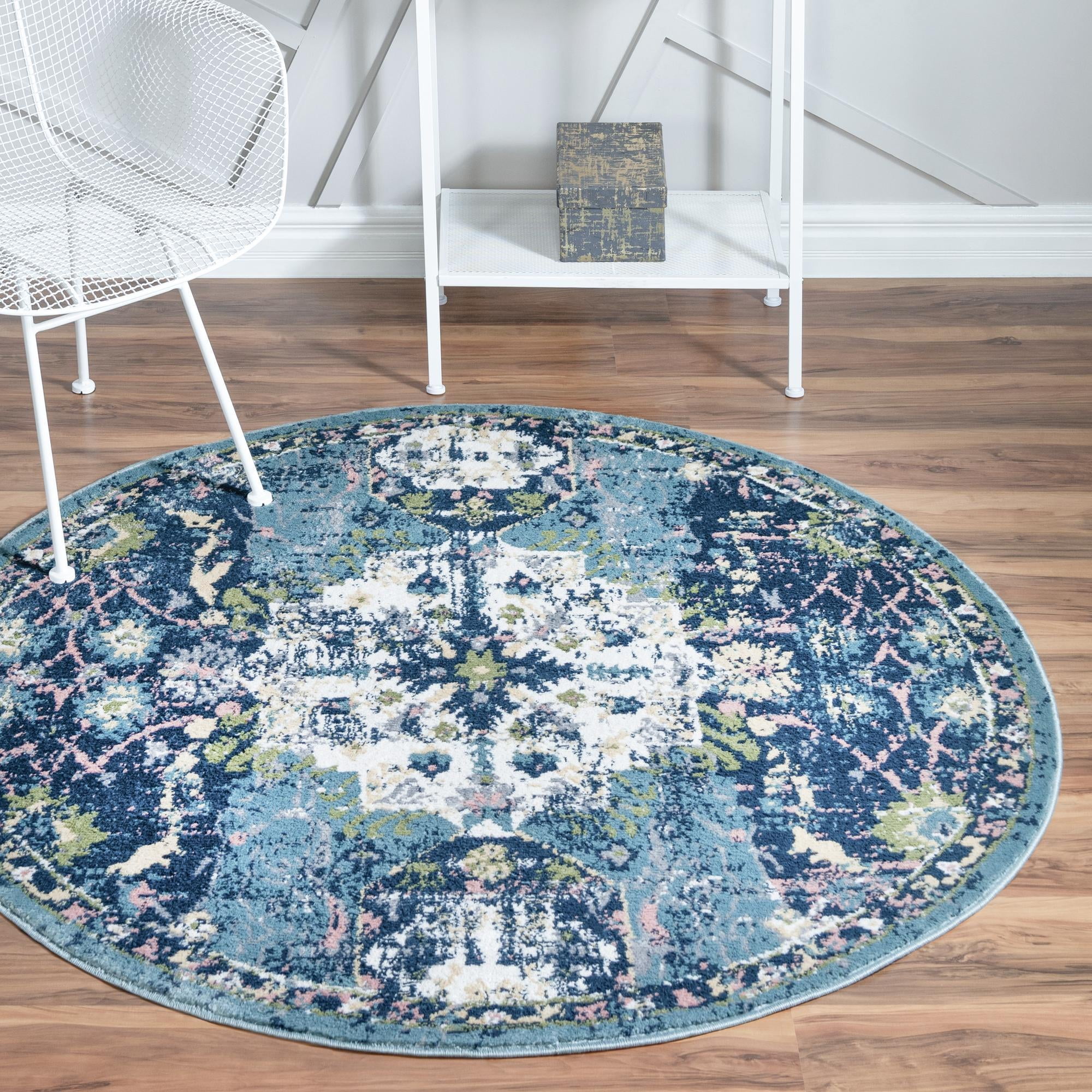 Charleston Collection Rug 5 Ft Round Navy Blue LowPile Rug