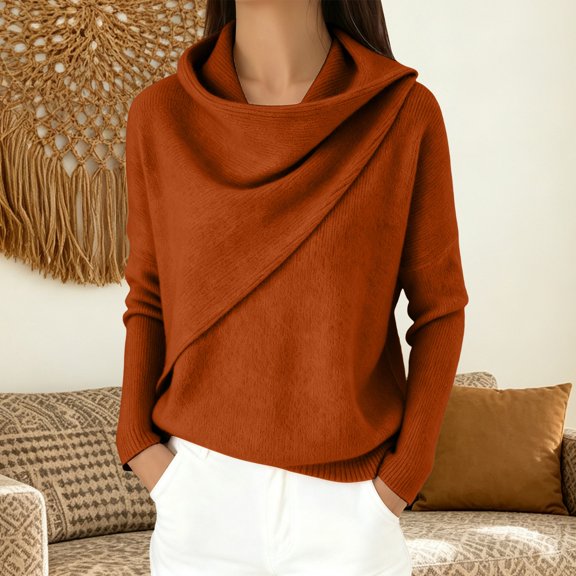 UrbanFashion Women’s Cowl Neck Knit Sweater Cozy Long Sleeve Soft Pullover Elegant Retro Top