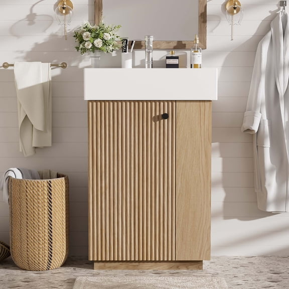 21.6-inch bathroom vanity with ceramic sink, freestanding modern left-door wood grain cabinet, stylish and elegant, with open and closed storage space, spacious, suitable for small bathrooms