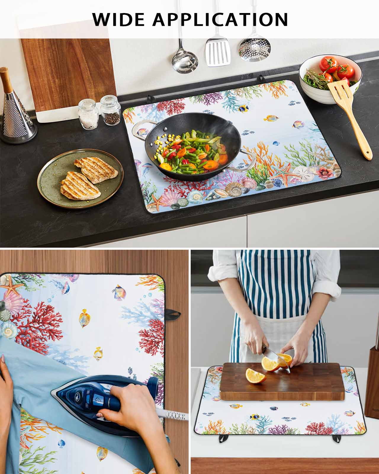 nqOlkjepod Large Induction Cooktop Protector Mat 24"x21", Blue Coastal Stove Top Covers for Electric Stove, Summer Beach Nautical Coral Fish Decorative Stove Burner Cover Mats, Glass Top Stove Cover
