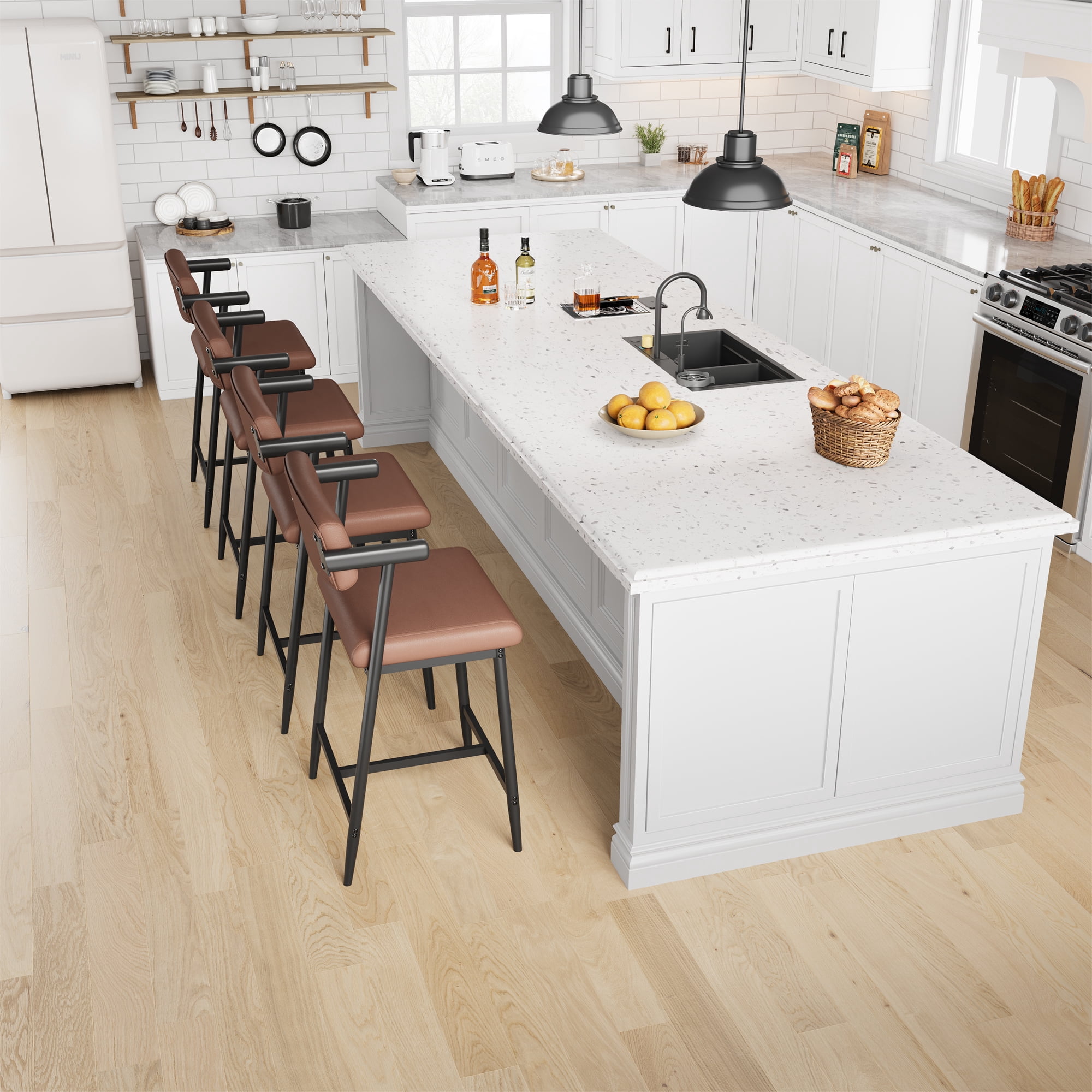 Modern Set of 2 Bar Stools with Arms and Backrest, PU Leather Upholstered, Adjustable Counter Chairs with Metal Legs & Footrest – Ideal for Kitchen Island, Dining Room, Home Bar