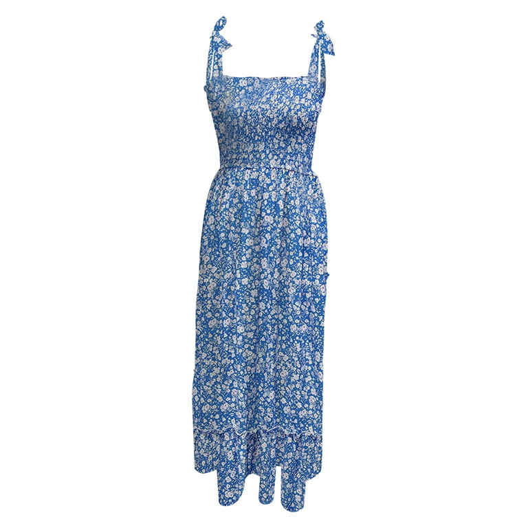 Summer Womens Casual Floral Sexy Bandeau Dresses Strapless Elastic Pleated  Boho Maxi Dress Beach Party Sundresses, Blue, Large : : Clothing,  Shoes & Accessories