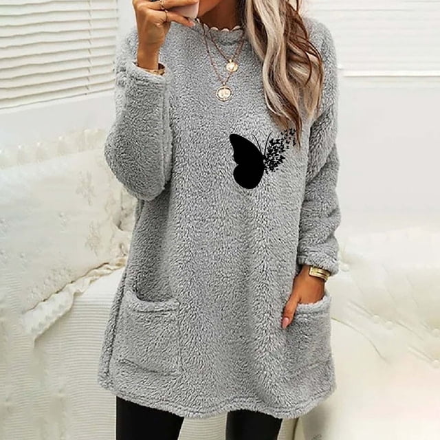 Chemises pour Femmes Col Rond et Hiver Ample Imprimé Poche Chaud Manches Longues Blouse Hauts Chemises d'Automne en Liquidation
