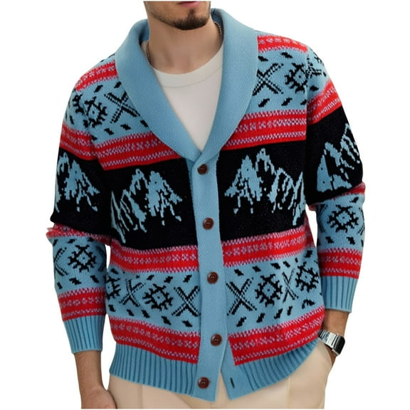 Mens Retro Long Sleeve Cardigan Shawl Collar Vintage Knit Sweater Casual Fall Winter Warm Coat M, Blue