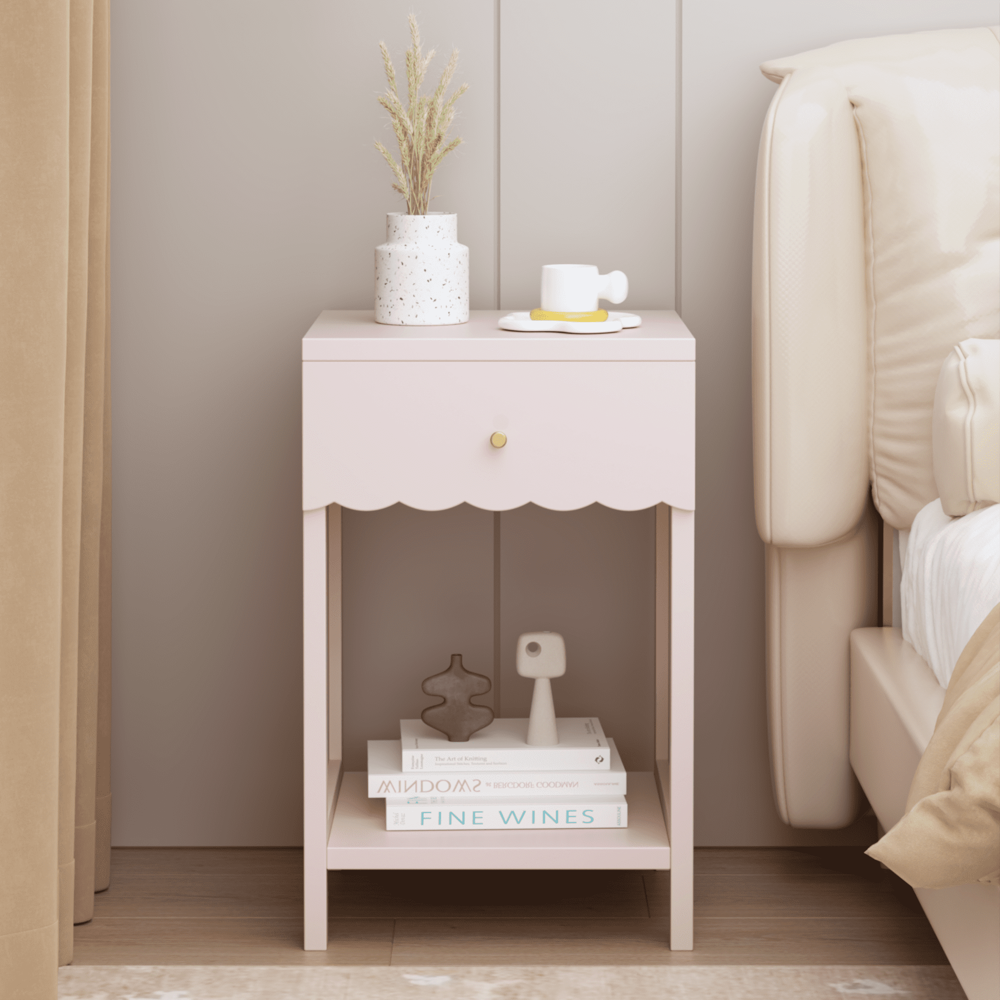 Pink Scalloped Nightstand with Drawer and Open Shelf Bedside End Table Kids Room Storage