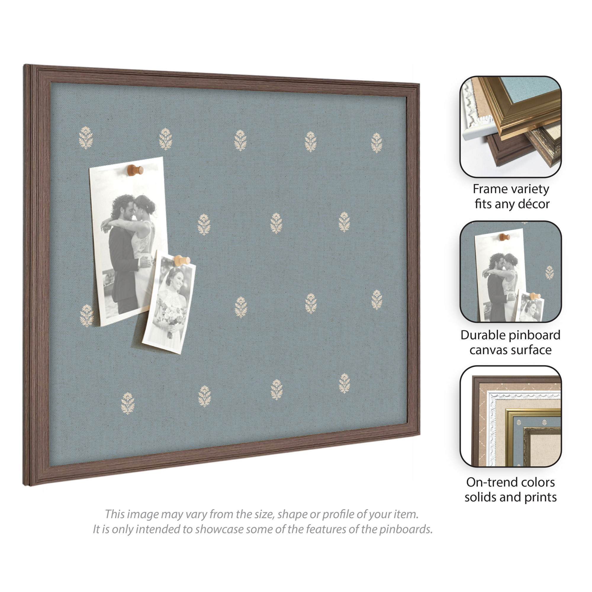 Kate and Laurel Framed Fabric Pinboard 26 x 20, Blue Botanical Block Print Printed Linen Classic Bulletin Board for Use as a Vision Board or Wall Organization, Florence Light Brown Frame
