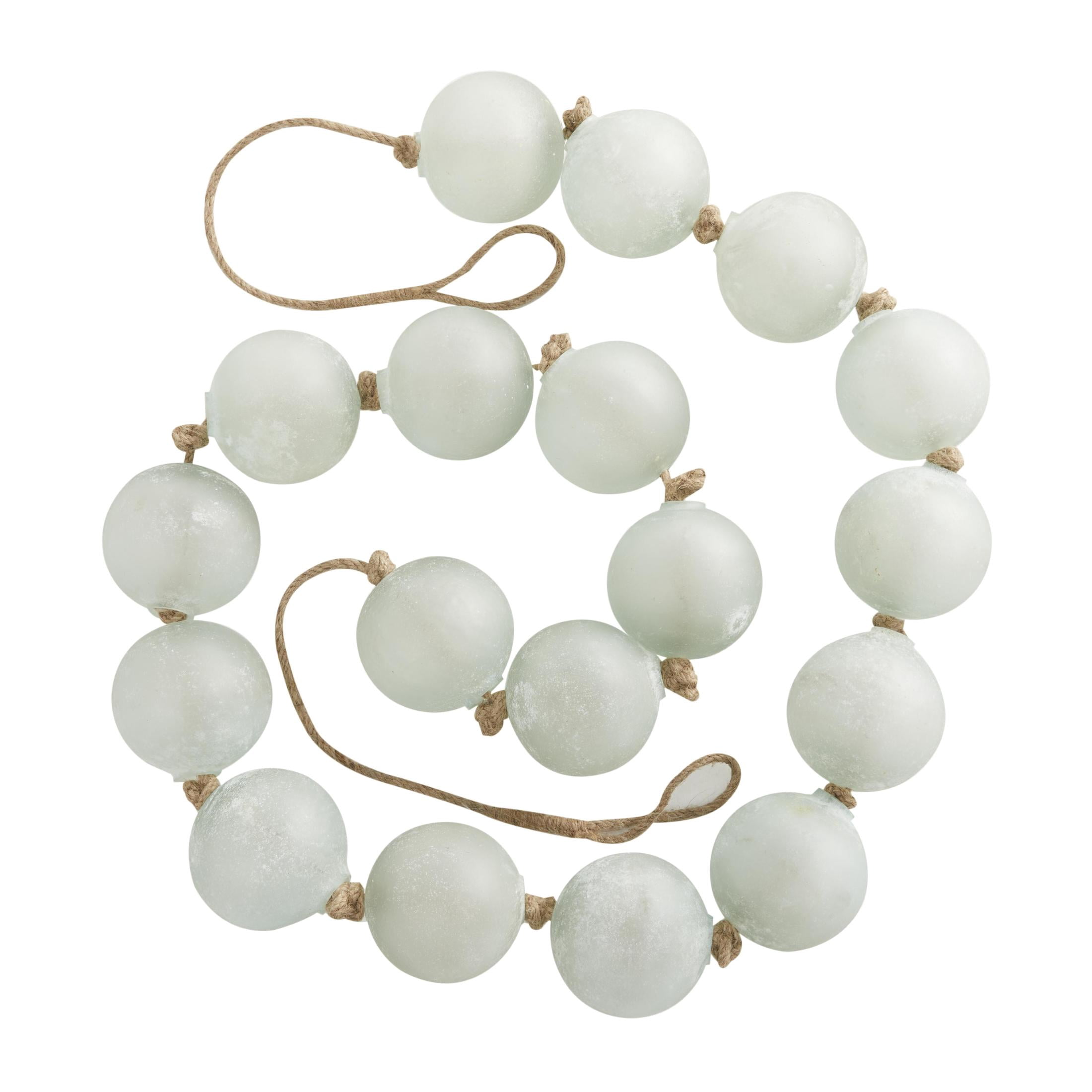 DecMode Handmade Round Extra Long Frosted Orb Teal Glass Garland with Tassel with Knotted Jute Rope