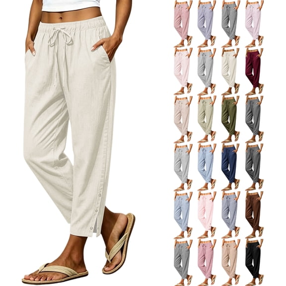 Women Casual Drawstring Elastic Waisted Pants with Pockets Solid Color Full Length Pant Lightweight Beach Work Trousers