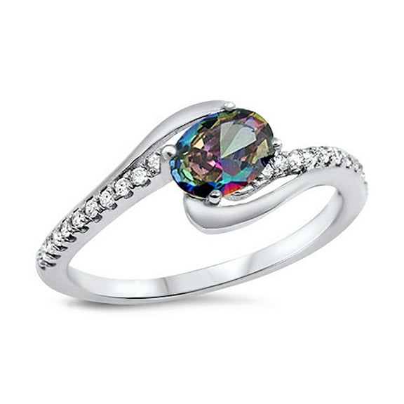 Rainbow Simulated Topaz Cubic Zirconia Swirl Center Ring Sterling Silver Size 8