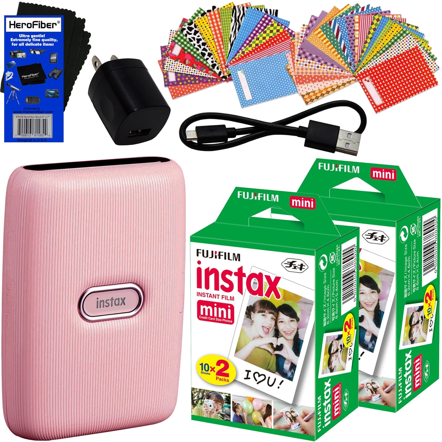 Fujifilm Instax Mini Link Smartphone Portable Photo Printer (Dusky Pink) +  Fujifilm instax Mini Film (40 Pack) + 60 Sticker Frames + USB Cable & AC 