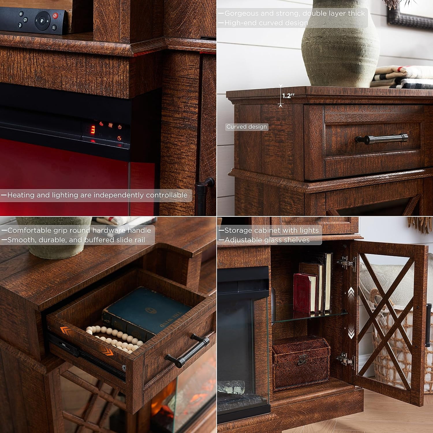 KeyWhat Farmhouse 3-Sided 70" Fireplace TV Stand for 80" TVs, Entertainment Center with Electric Fireplace and Storage Drawers, Reclaimed Barnwood