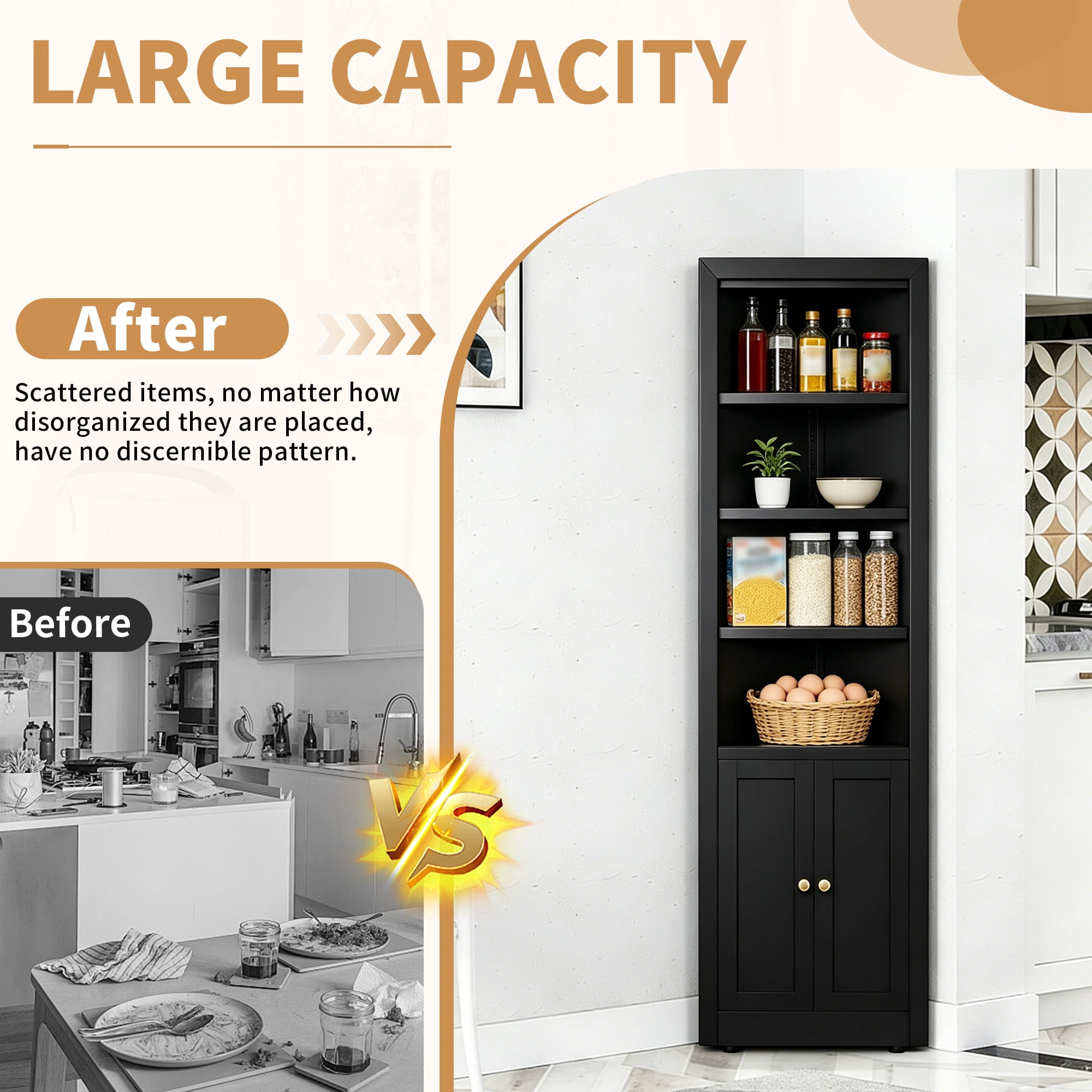 Leumius 71" Tall Corner Storage Cabinet with 2 Doors,Freestanding 5-Tier Metal Cabinet with Adjustable Shelves for Kitchen Living Room Bathroom,Black