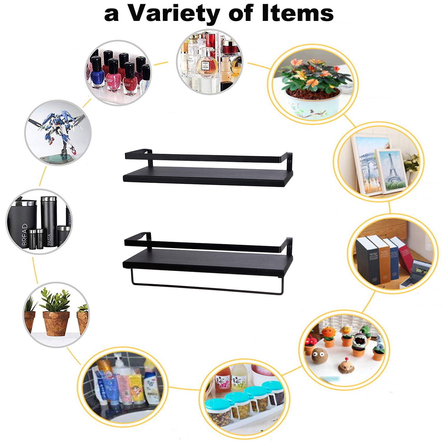16" Black Wall-Mounted Floating Shelves W/Rack & Towel Bar, Home Decor 2-Tier Wood Storage Shelf for Livingroom Kitchen Bedroom, Bathroom Shelves Over The Toilet