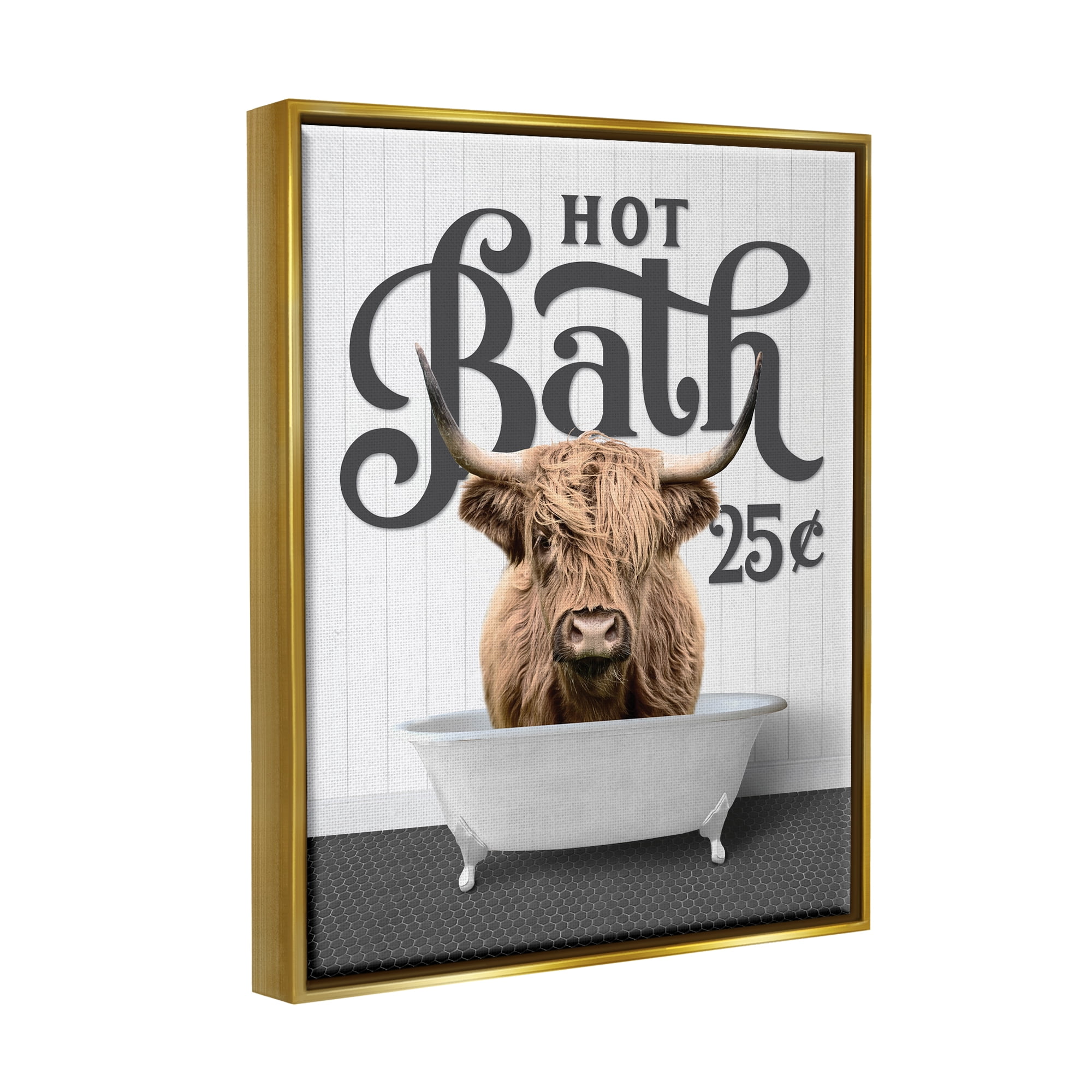 Stupell Industries Vintage Highland Cow Bath Animals & Insects Painting Gold Floater Framed Art Print Wall Art, 17 x 21