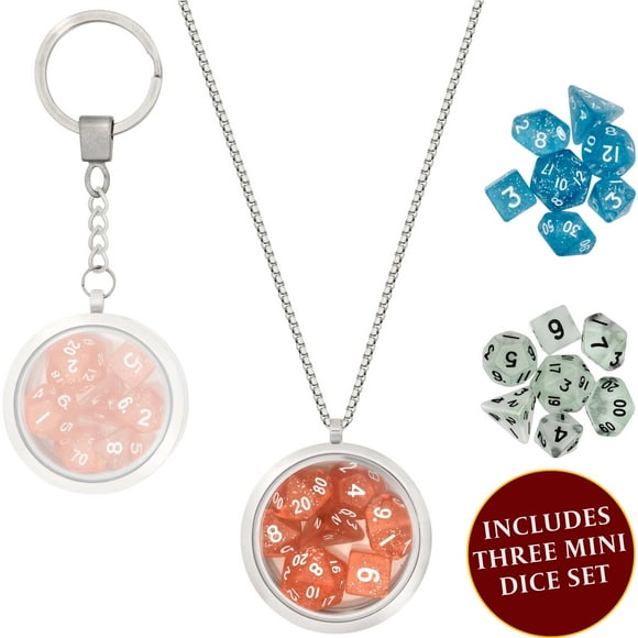 Ensemble de dés Médaillon/porte-Clés - 3 Mini dés Polyédraux Inclus - Parfaits pour RPG/Dungeons & Dragons (D&D) Accessoires Cadeaux. Ensemble Petit/micro Rouge Bleu & Clair avec dés Recto D20 D12 D10 D8 D6