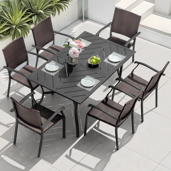 Nuu Garden Outdoor 7-Piece Patio Dining Set, 6 Natural Wicker Appearance Chairs and 61'' x 37'' Rectangle Splicing Table with 1.77'' Umbrella Hole, for Outdoor and Indoor Space, Black