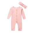 thumbnail image 1 of PENGXIANG Baby Solid Romper Knitted Rib Long Sleeve Trousers Button Jumpsuit Headband, 1 of 7