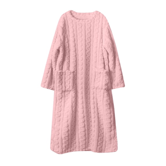 ZQUUVOU Plush Nightgown for Women Fashion Robe Bathrobe Warm Long Sleeve Solid Fleece Thermal Nightgown with Pocket Pink