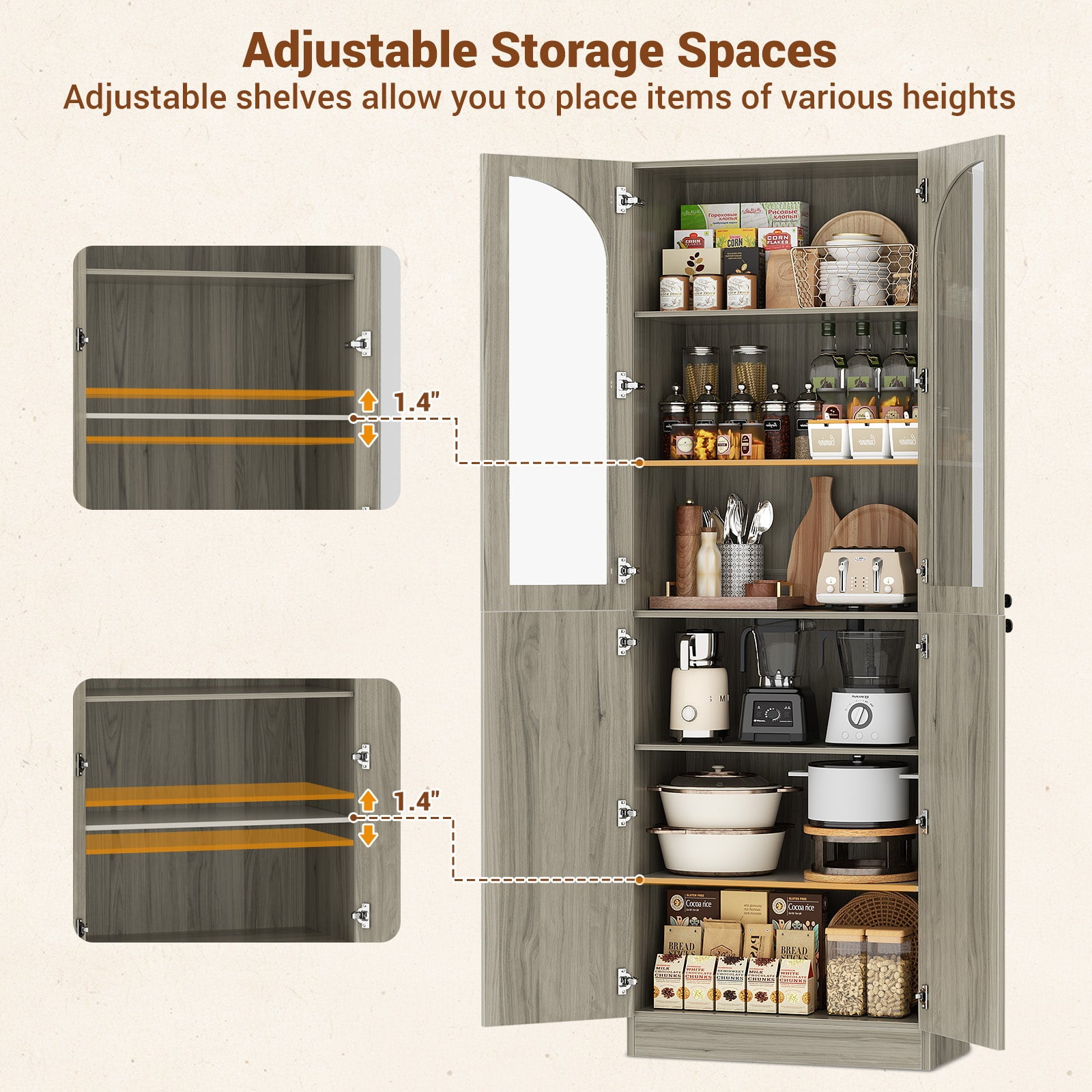 Homieasy 80'' Tall Pantry Storage Cabinet with Glass Doors, 6-Tier Floor Standing Cupboard with Adjustable Shelves for Kitchen, Dining Room, Wash Gray