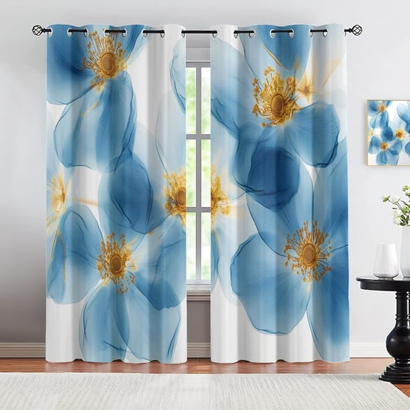 Blue Flowers Blackout Curtains For Living Room, Ray Flowers Bedroom Curtains, Multi-Colorful Floral Window Drapes, Bright Boho Room Darkening Grommet Drapes 52"W x 96"L (Pack of 2)
