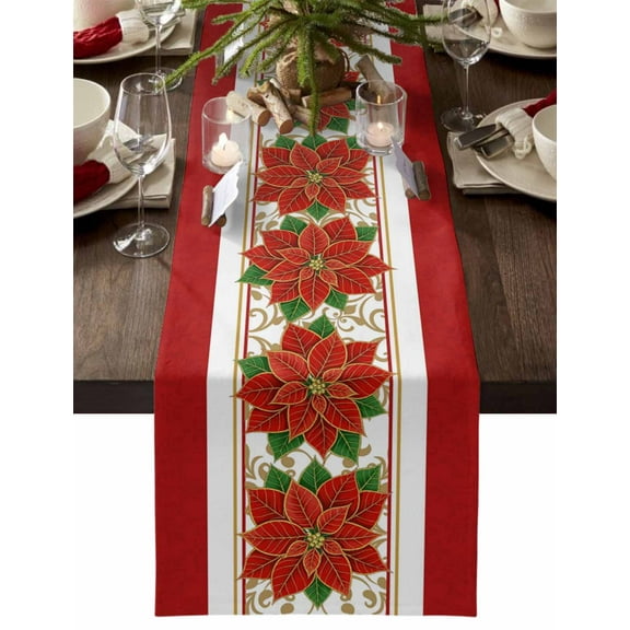 Christmas Table Runner Christmas Poinsettia Flower Table Runners Floral Stripes Cotton Linen Dresser Scarf Kitchen Dining Table Decor for Christmas Holiday Party Decor 13x90 Inch