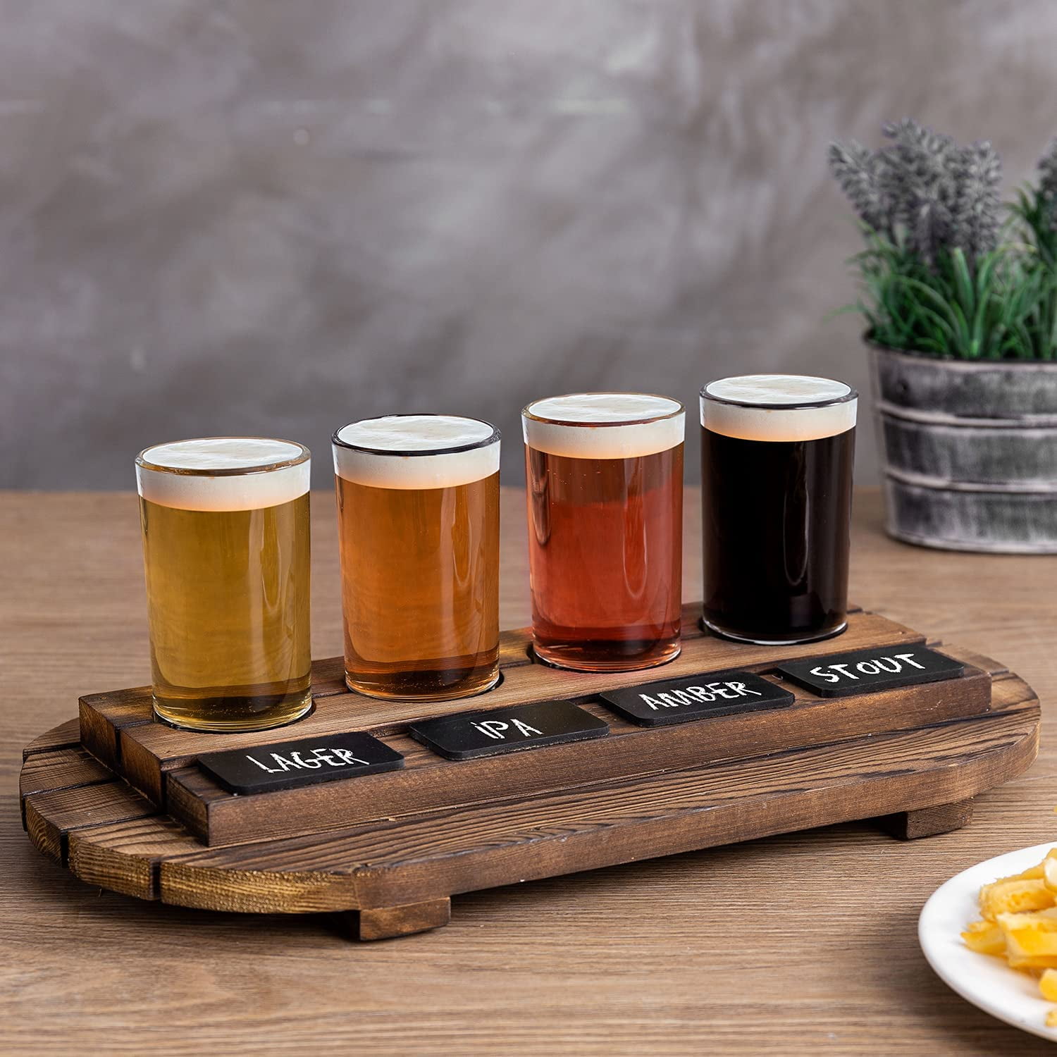 Gray & Burnt Wood Beer Flight Server Sampler Set with 4 Glasses and  Chalkboard Labels