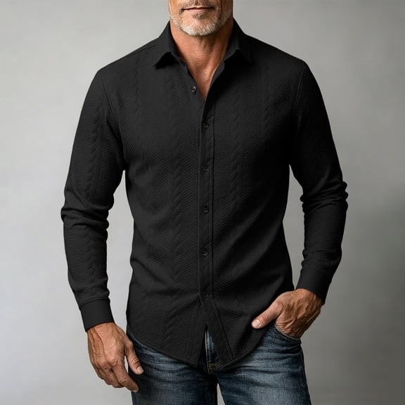 LYSMORA Mens Lapel Long Sleeve Textured Knit Button Down Shirt Solid Casual Business Collared Top