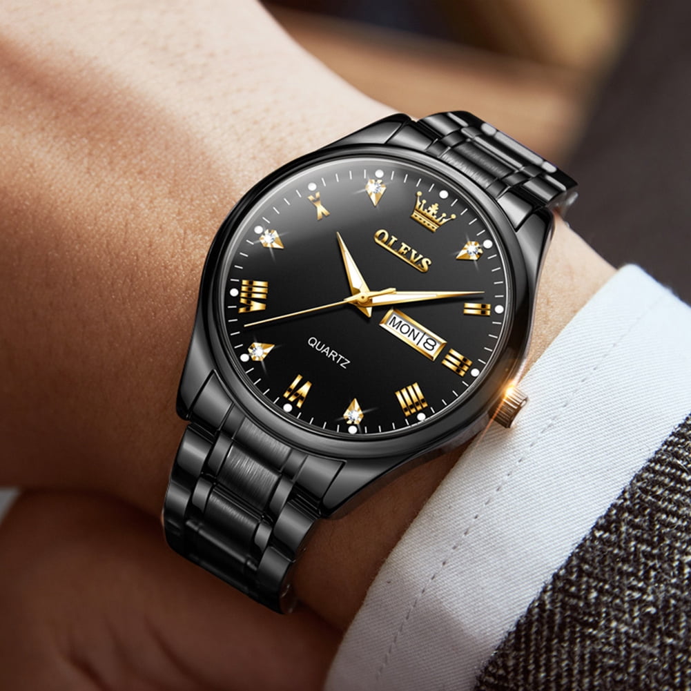 OLEVS Watches for Men Business Dress Analog Quartz Luxury Black Stainless Steel Waterproof Luminous Classic with Date Mens Wrist Watches Reloj para Hombre