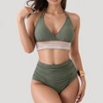 thumbnail image 3 of Women's High Waist Bikini Set with Crochet Waistband and Halter V Neck Top - Large, Green, 3 of 7