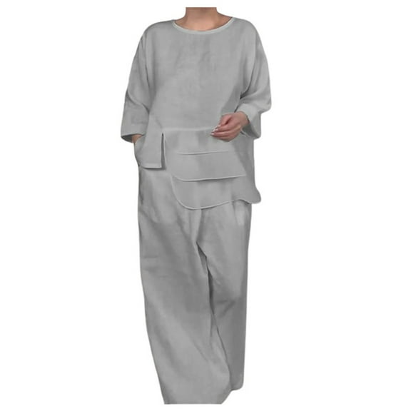 Women's Satin Layered Crew Neck Top Wide Leg Pant Suit Elegant Work Formal Outfit Comfortable Stretch Fabric