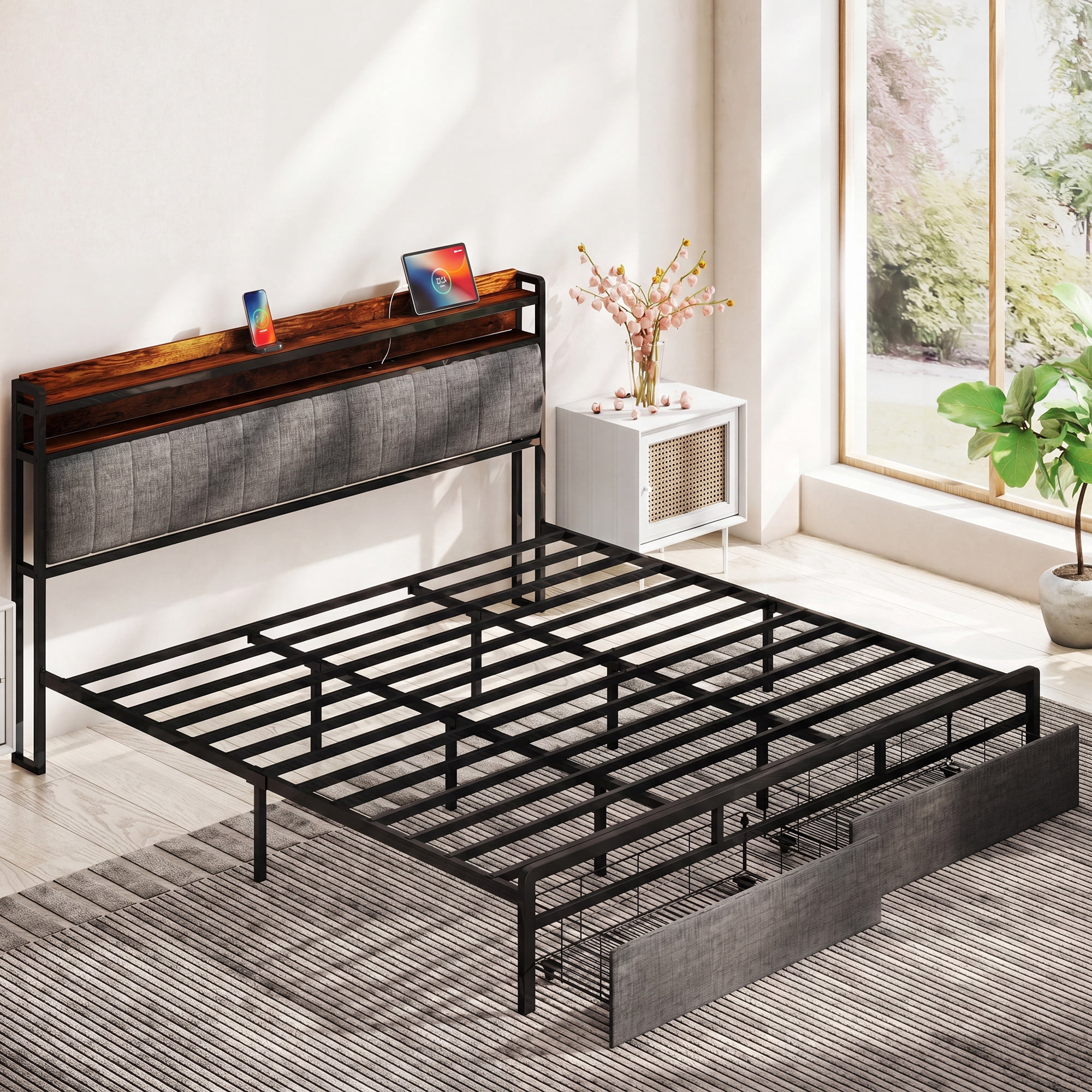 Furnibear LED Queen Bed Frame with Upholstered Storage Headboard and Drawers, LED Platform Bed with Charging Station, No Box Spring Needed