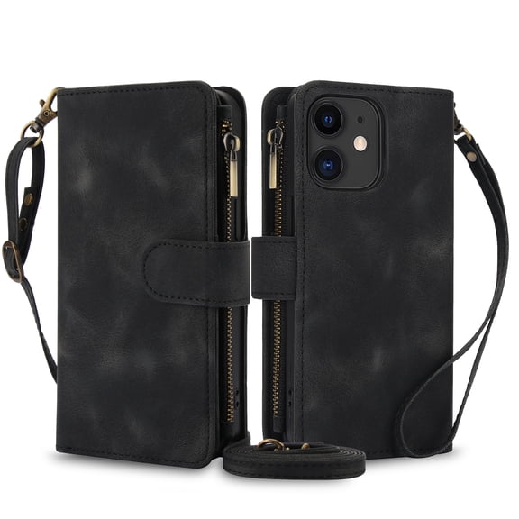 ShellTech Wallet Case Compatible with iPhone 11 Case, Premium PU Leather Zipper Flip Folio Wallet RFID Blocking with Wrist Strap Magnetic Closure Built-in Kickstand Protective,Black