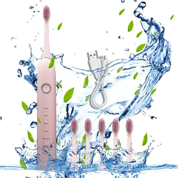 Cepillo de dientes eléctrico blanco | 6 cabezales de cepillo de repuesto | 6 modos de limpieza | USB recargable | Resistente al agua IPX7 | Carga rápida | Batería de 60 días | Motor silencioso