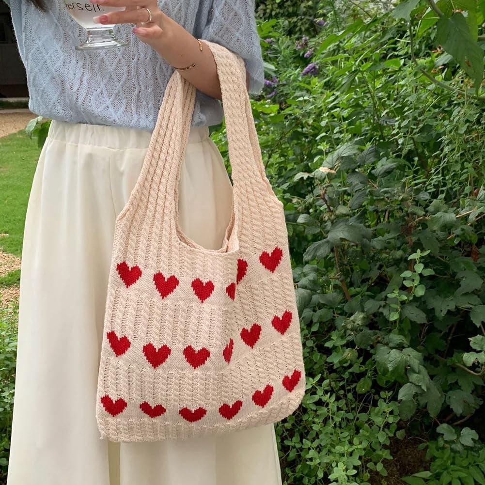 CAILDANL Crochet Tote Bag Cute Aesthetic Hobo Bag Hearts Pattern Knitted Shoulder Bag Hollow Beach Bag for Women