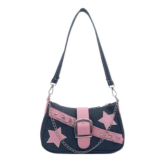 Y2K Inspired Denim Shoulder Bag for Women - Small Square Handheld Crossbody Bag with Star Appliques & Buckle Strap, Versatile for Daily Use