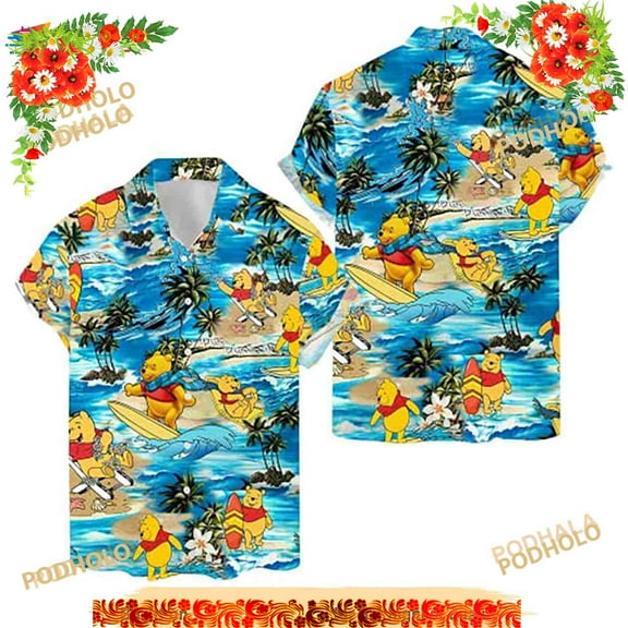 Funny Hawaiian Shirt For Men Pooh Bear Surfing On The Sea