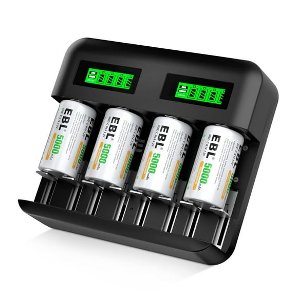 EBL Rechargeable C Batteries (4 Pack) and LCD Battery Charger for Ni-MH AA AAA C D Batteries