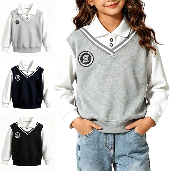 Crunowin Boys And Girls Long Sleeve Polo Collar Sweatshirt School Season Kids Layering Jackets Black Size 7