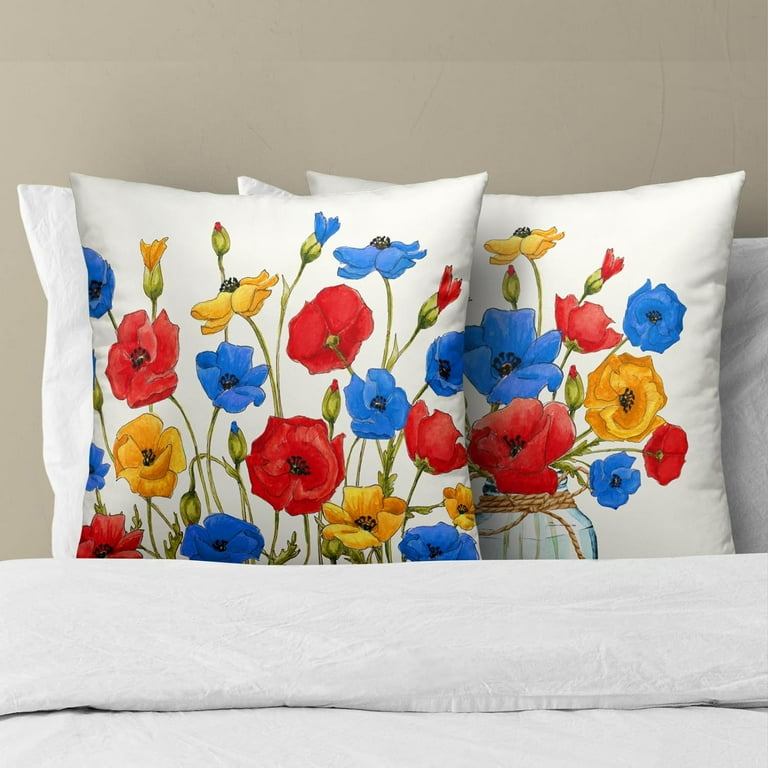 JAERUE 18x18 Inch Floral Poppy Throw Pillow Covers, 2-Pack Watercolor Design For Sofa & Home Decor
