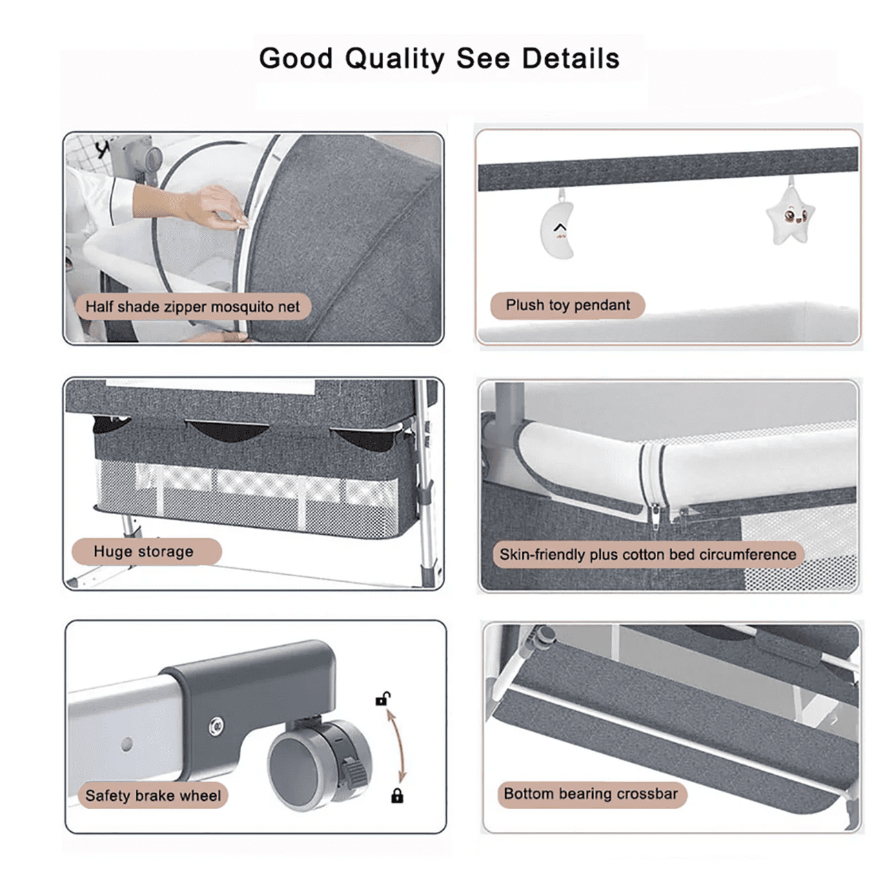 Star_Byul Automatic Baby Crib Convertible Bedside Sleeper with Bluetooth Music Speaker Baby Crib for Infants to Toddlers Unisex Beige