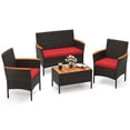 thumbnail image 2 of Costway 4 PCS Patio Wicker Sofa Set with Coffee Table Acacia Wood Armrests & Tabletop Mix Brown/Red, 2 of 9