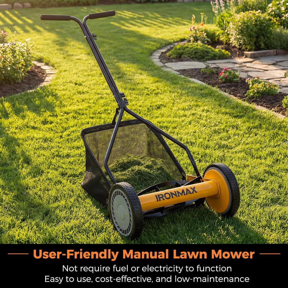 Choco Moon 14 Inch Push Lawn Mower with 5 Steel Blades and Grass Catcher Bag, Grass Cutter Machine, Push Lawn Mower-Orange