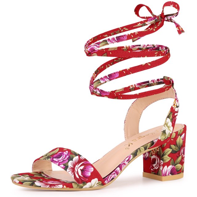 Sandalias Punta Abierta Grueso Tacón Medio Cordón Arriba Para Mujer rojo 36