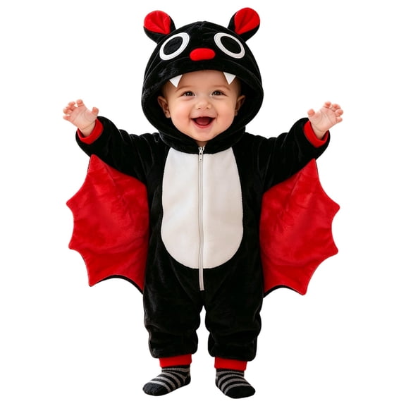 Ruyang Baby Plush Bat Hooded Jumpsuit with Wing Detail Toddler Zipper Long Sleeve Onesie Infant Halloween Outfits for Boys Girls