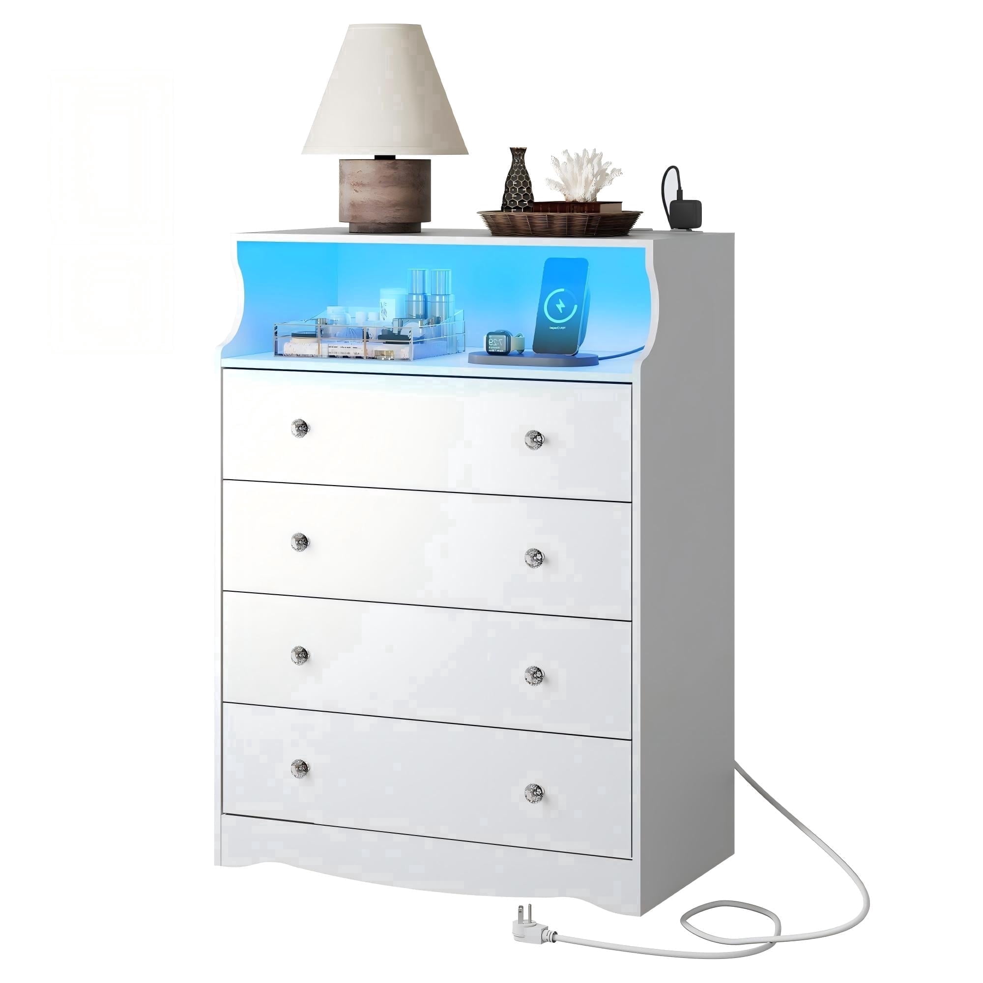 GALAXHERO 4 Drawers Dresser for Bedroom, Tall White Dressers with  LED Open Shelf, Modern Chest of Drawers with Charging Station, Wood Closet Clothes Organizer Storage Cabinet