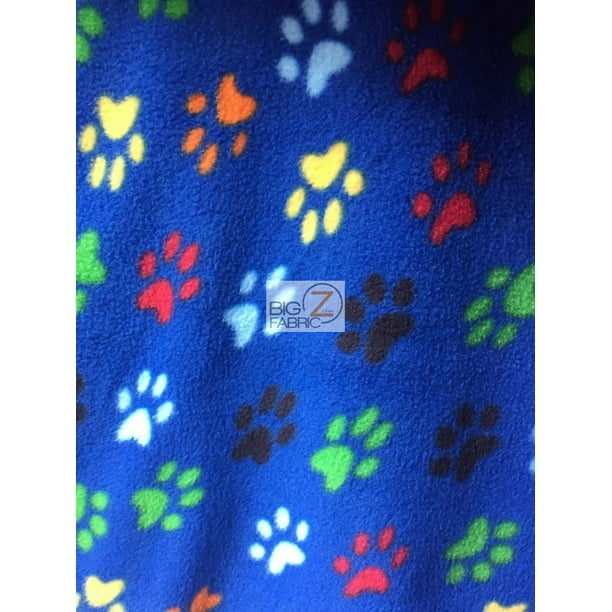 Paw Print Polar Fleece Fabric / Royal/Multi Color / Sold By The Yard