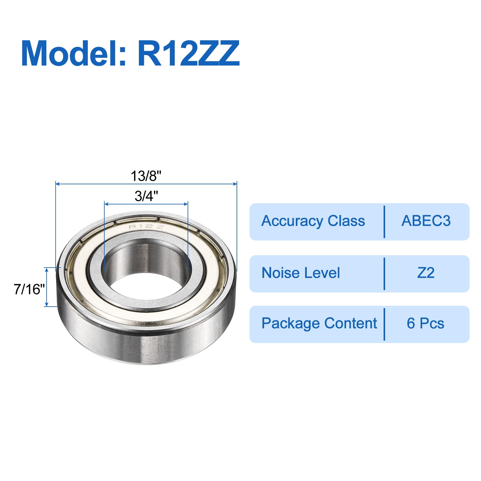 6 Pack R12ZZ Deep Groove Ball Bearings 3/4" ID x 13/8" OD x 7/16" Height  ABEC3