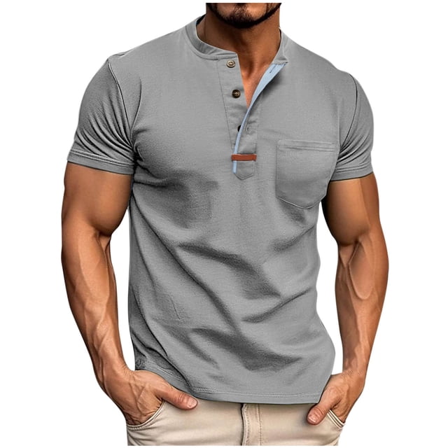 pstuiky Camisas de manga corta para hombre, Blusa de manga corta con cuello vuelto, bolsillos y botones de color liso para hombre camisas casuales para hombre xxxl