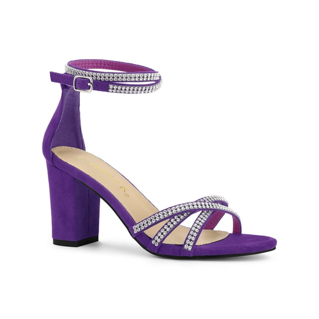 BLISSFUL STEP Women's Shoes Rhinestone Crisscross Strappy Block Heel Faux Suede Ankle Buckle Sandals Purple 8